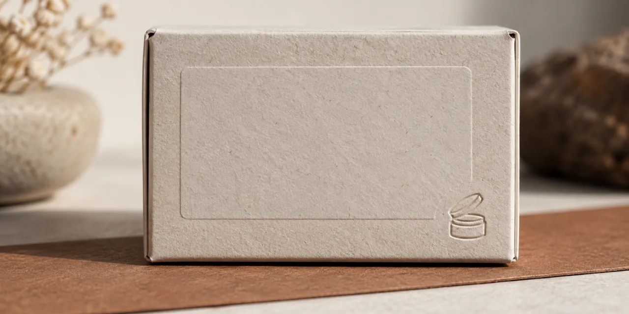 Retro di una scatola di cartone senza marca: un riquadro goffrato lasciato vuoto e, in basso a destra, il simbolo del barattolo aperto impresso nel cartone