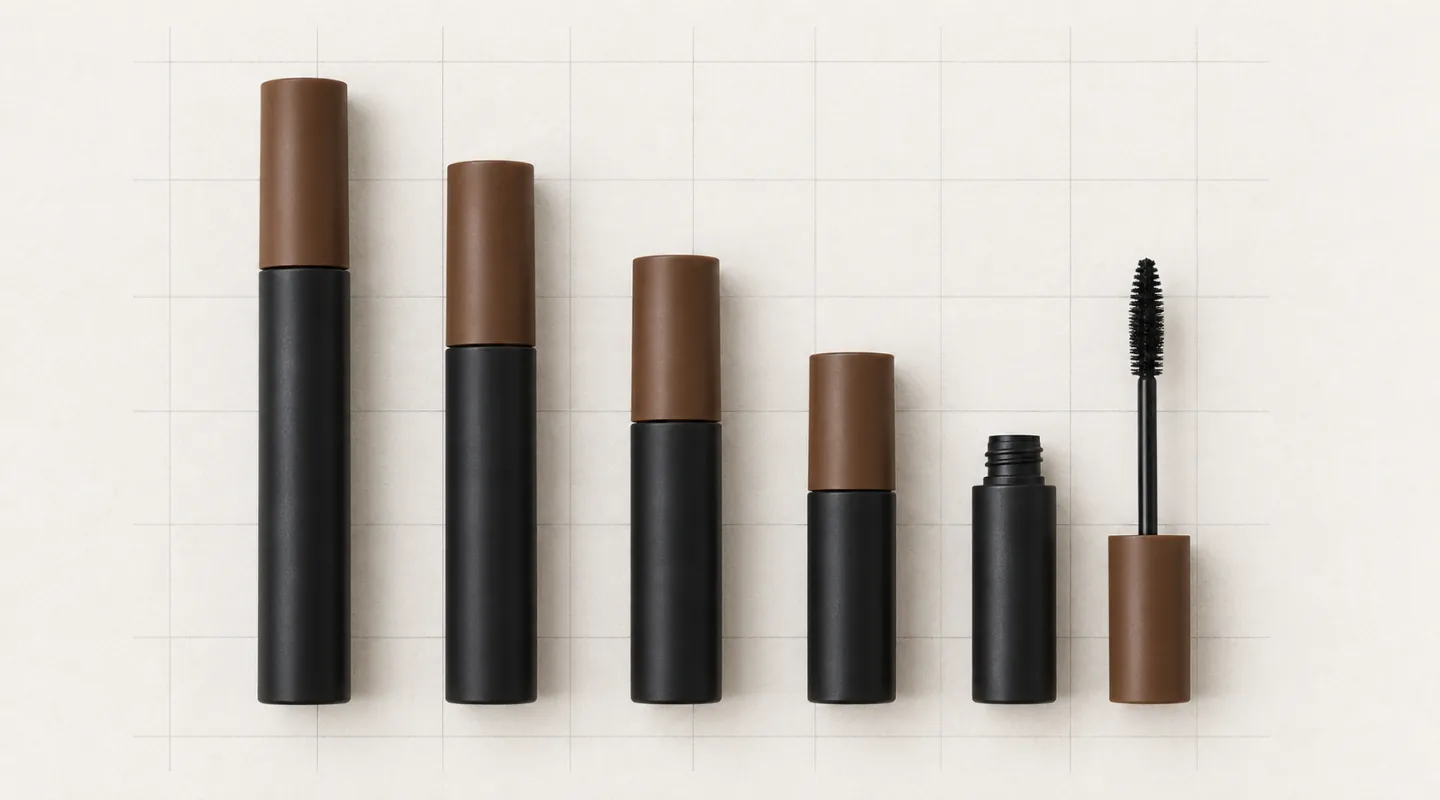 Cinque tubetti di mascara senza marca di altezza decrescente, corpo nero e tappo color terra di Siena, l'ultimo aperto accanto al suo scovolino