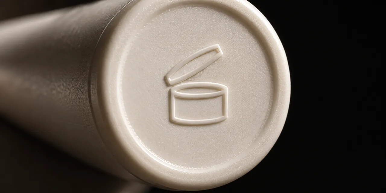 Macro del fondo di un tubetto senza marca: il simbolo del barattolo aperto stampato in rilievo nella plastica opaca