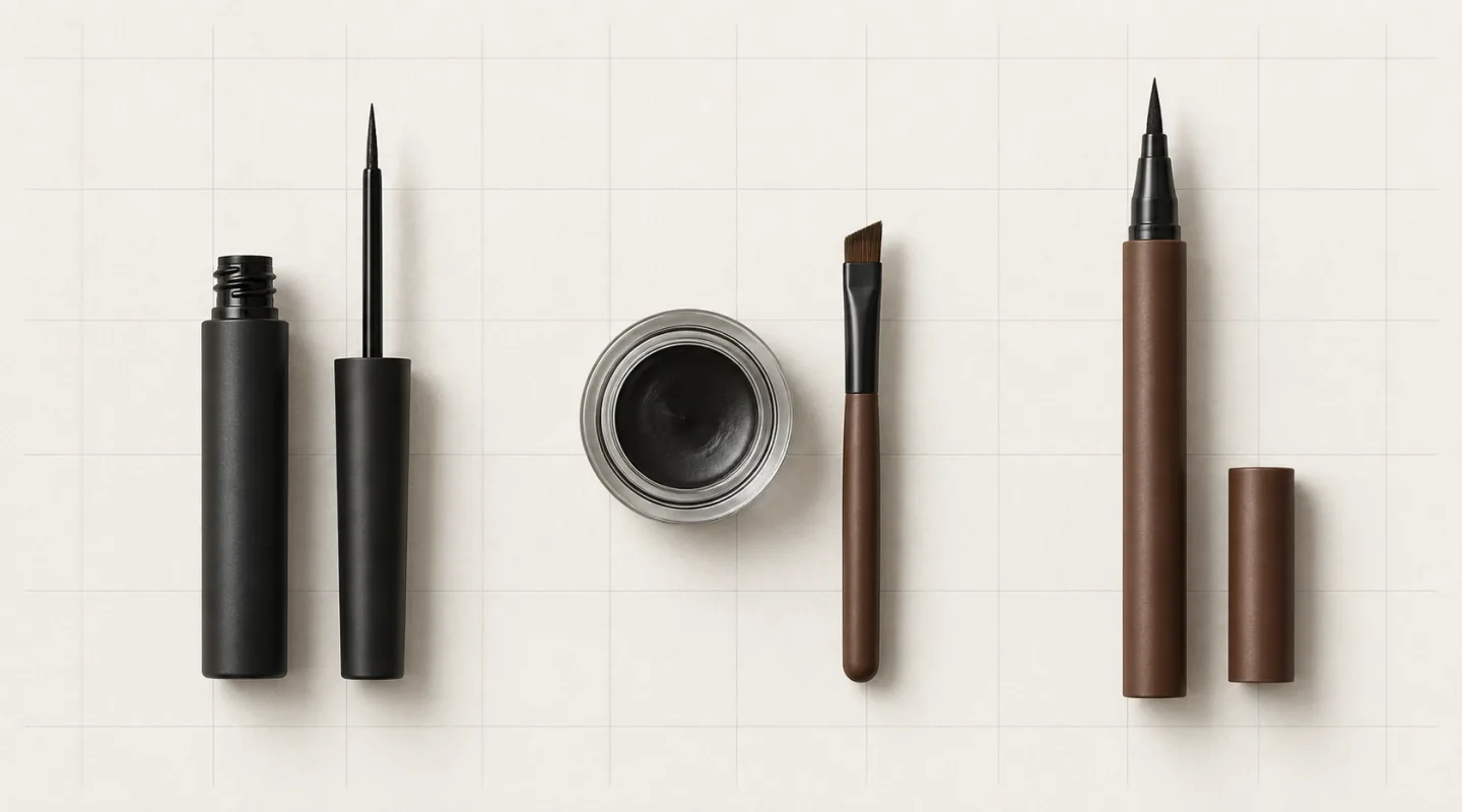 Tre formati di eyeliner affiancati su carta chiara: un flacone aperto con applicatore sottile, un vasetto con pennello obliquo e una penna a feltro