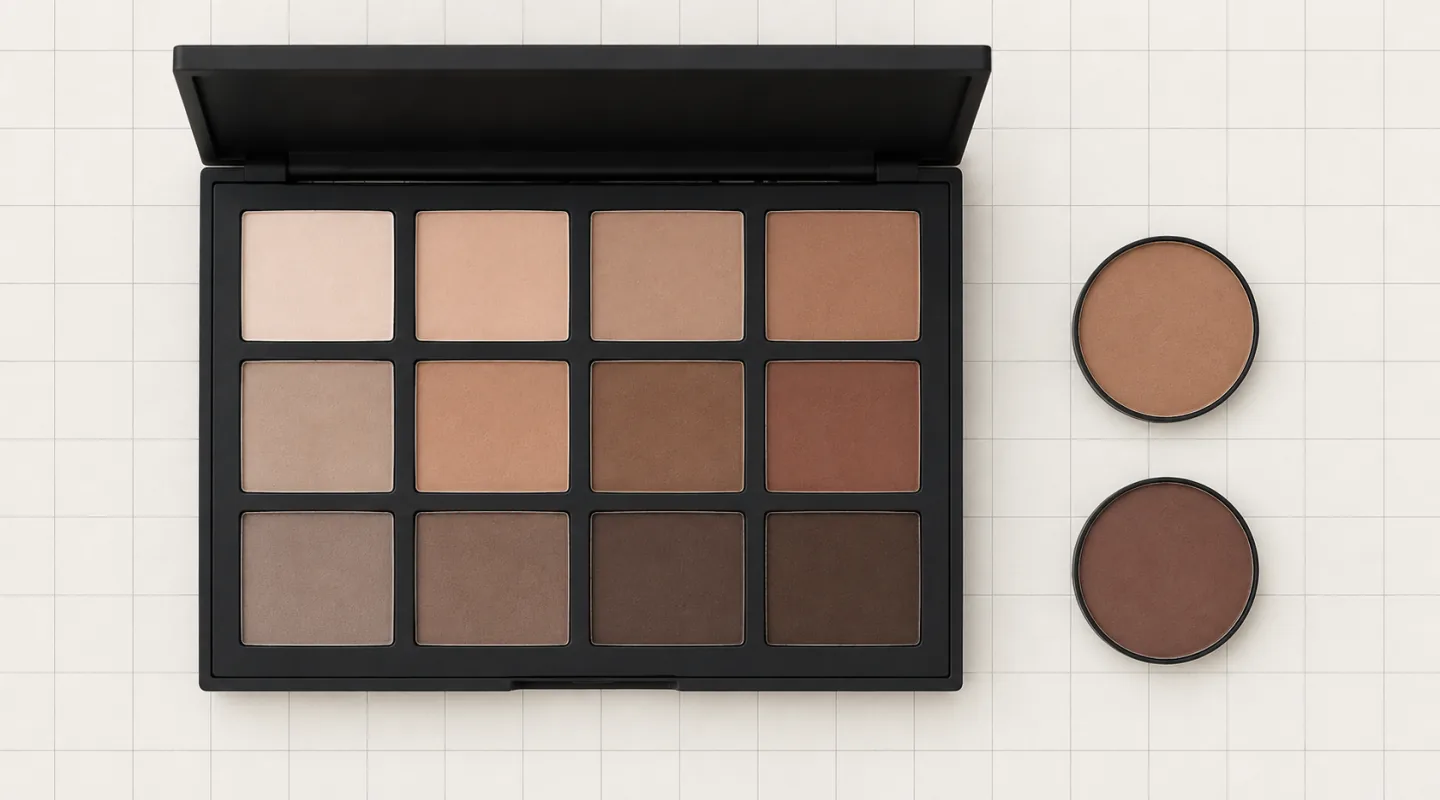 Palette aperta senza marca con dodici cialde quadrate in tonalità neutre calde, accanto a due cialde rotonde singole