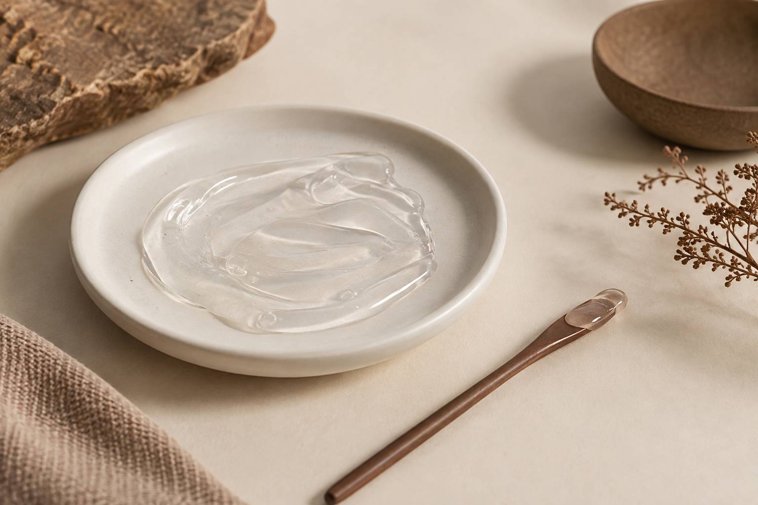 Vue macro d'un gel transparent sur une coupelle en céramique mate avec applicateur fin