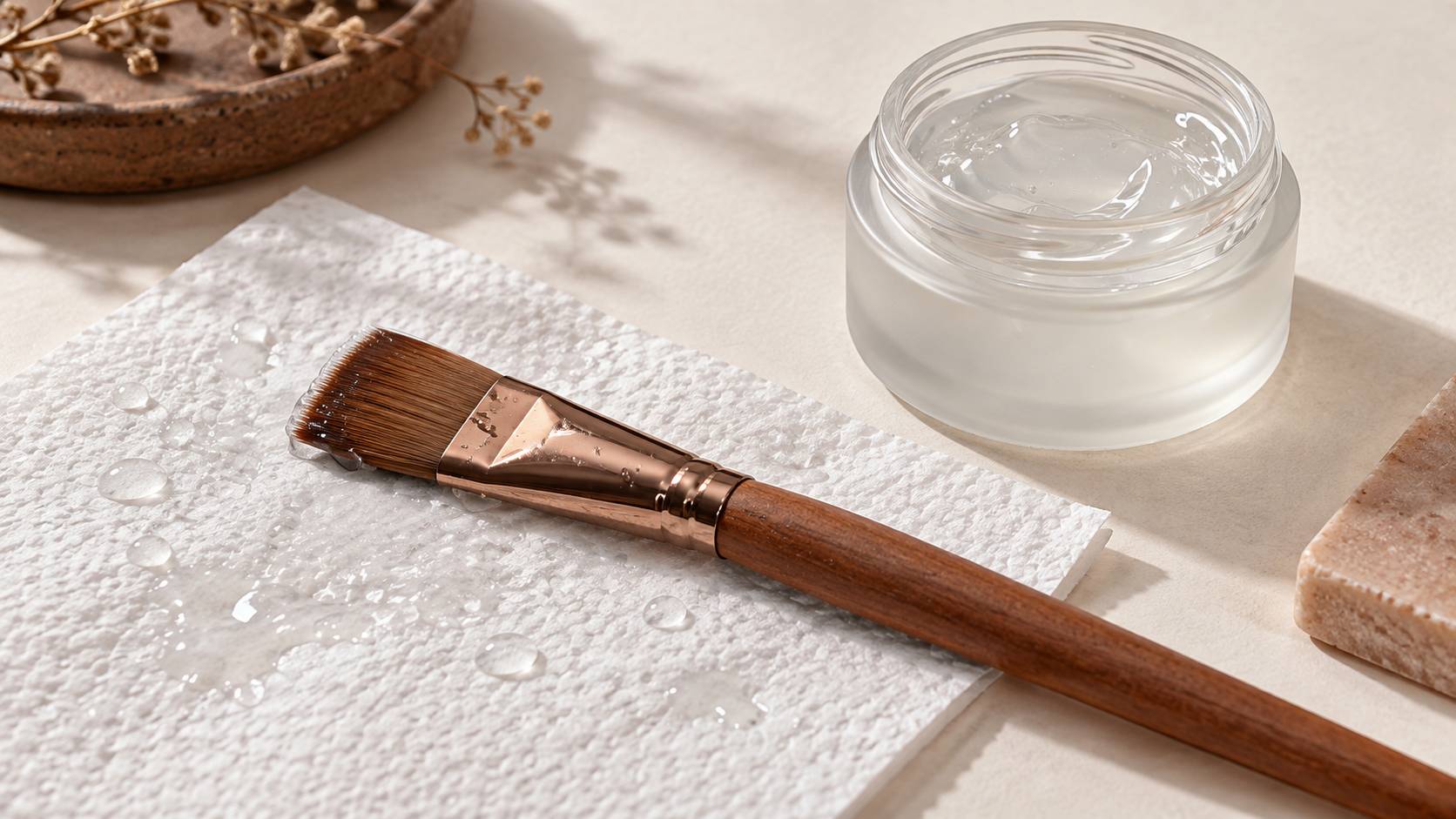 Pinceau applicateur brosse sur un papier absorbant humide avec gouttelettes d'eau