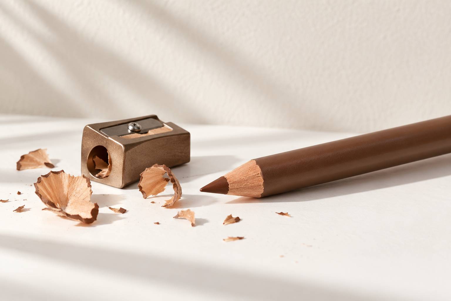 Crayon à sourcils et taille-crayon sur une surface claire en lumière latérale