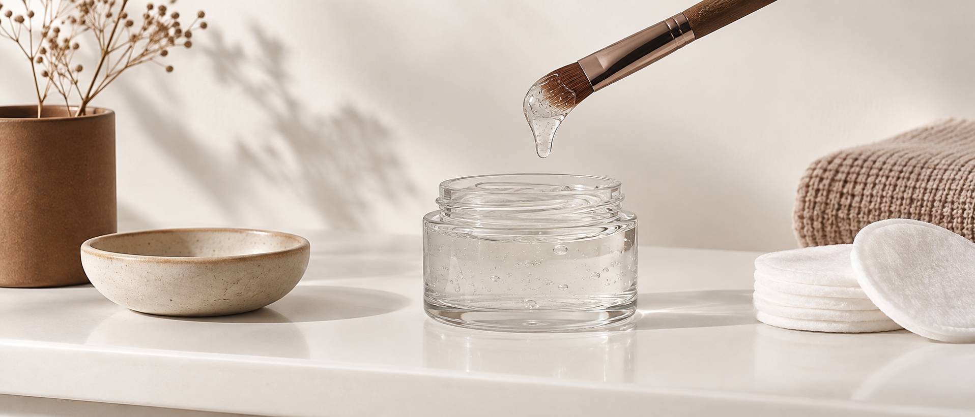 Petits tubes de gel pour sourcils et pinceau biseaute sur une table claire