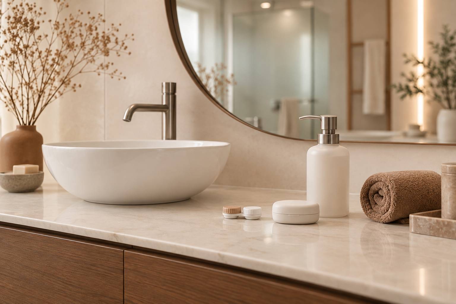 Comptoir de salle de bain avec etui de lentilles et flacon sans etiquette