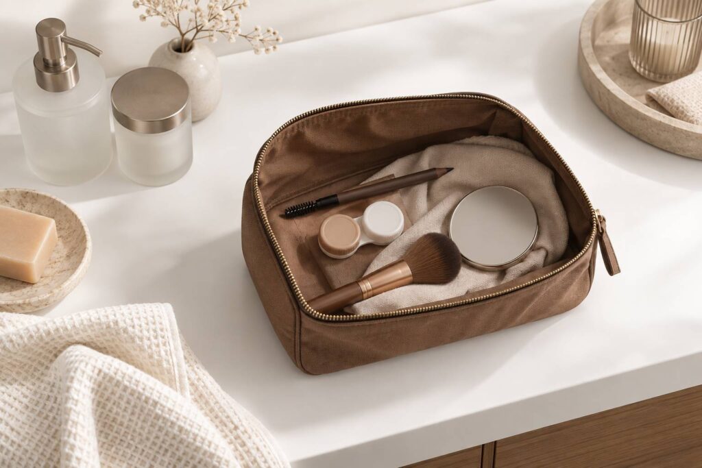 Trousse de maquillage ouverte avec crayon a sourcils et boitier de lentilles