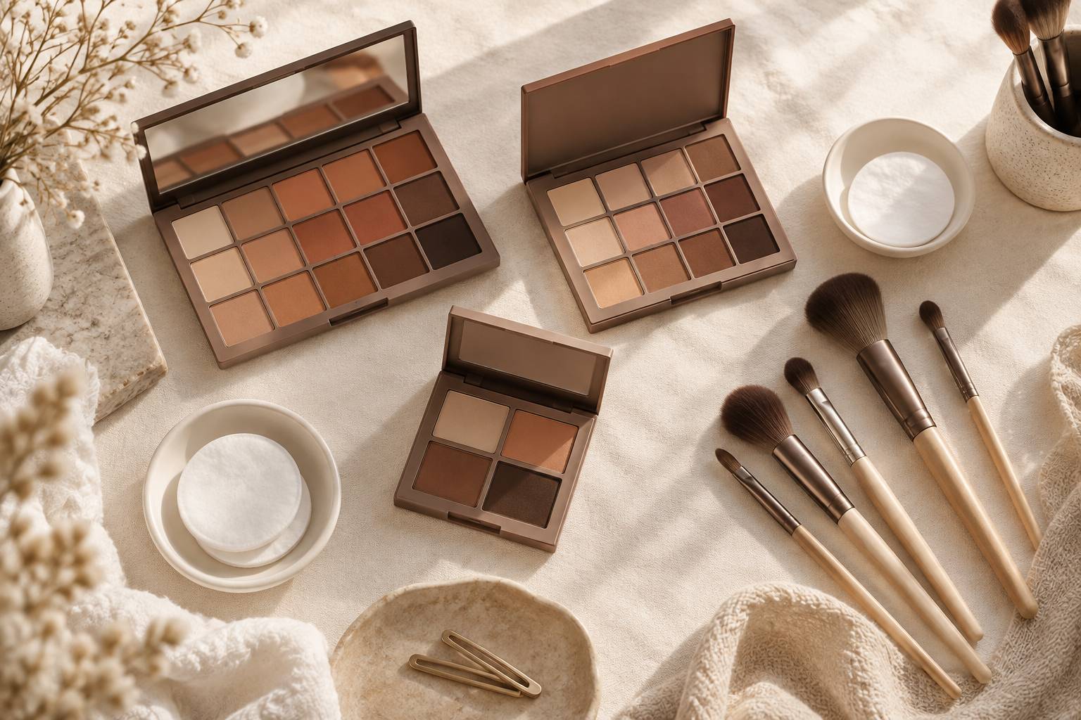 Plateau de maquillage avec palettes de teintes mates et pinceaux