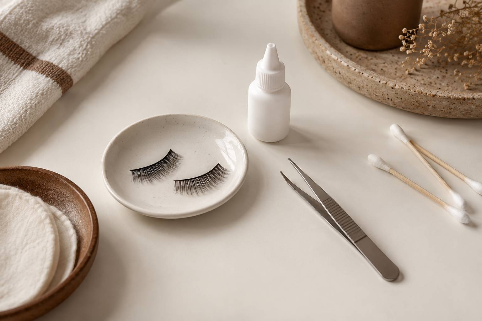 Cils fints et flacon de colle poses sur une table de maquillage claire