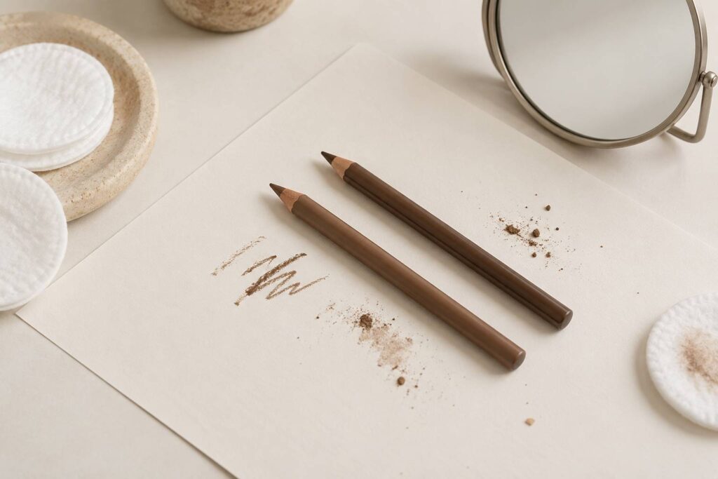 Deux crayons a sourcils de teintes proches avec leurs traces de pigment