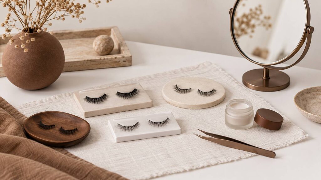 Paires de faux cils sur supports avec colle et pince sur une table de maquillage