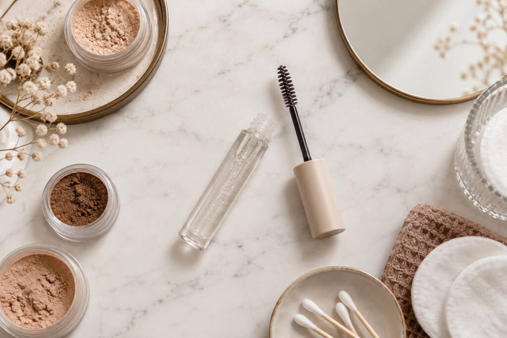 Tube de gel a sourcils ouvert et brosse sur une surface claire de salle de bain