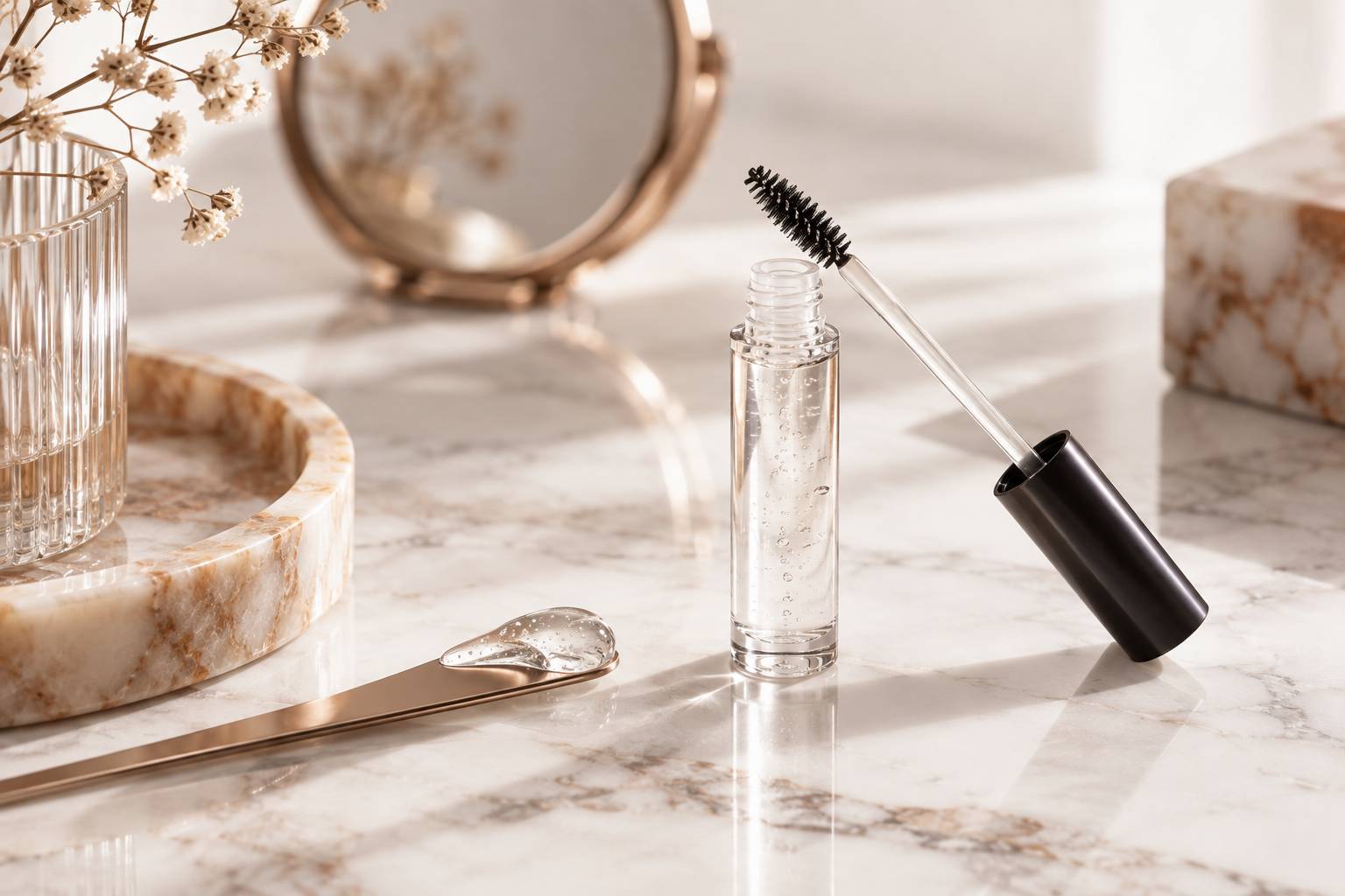 Gros plan d'un tube de gel a sourcils transparent avec son applicateur