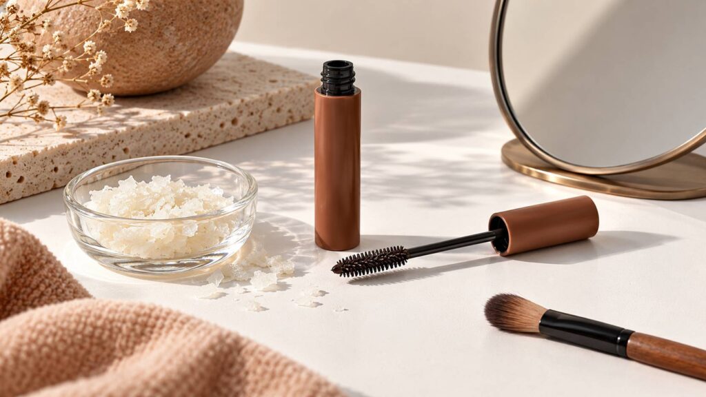 Tube de mascara ouvert et brosse près de paillettes de cire dans une coupelle