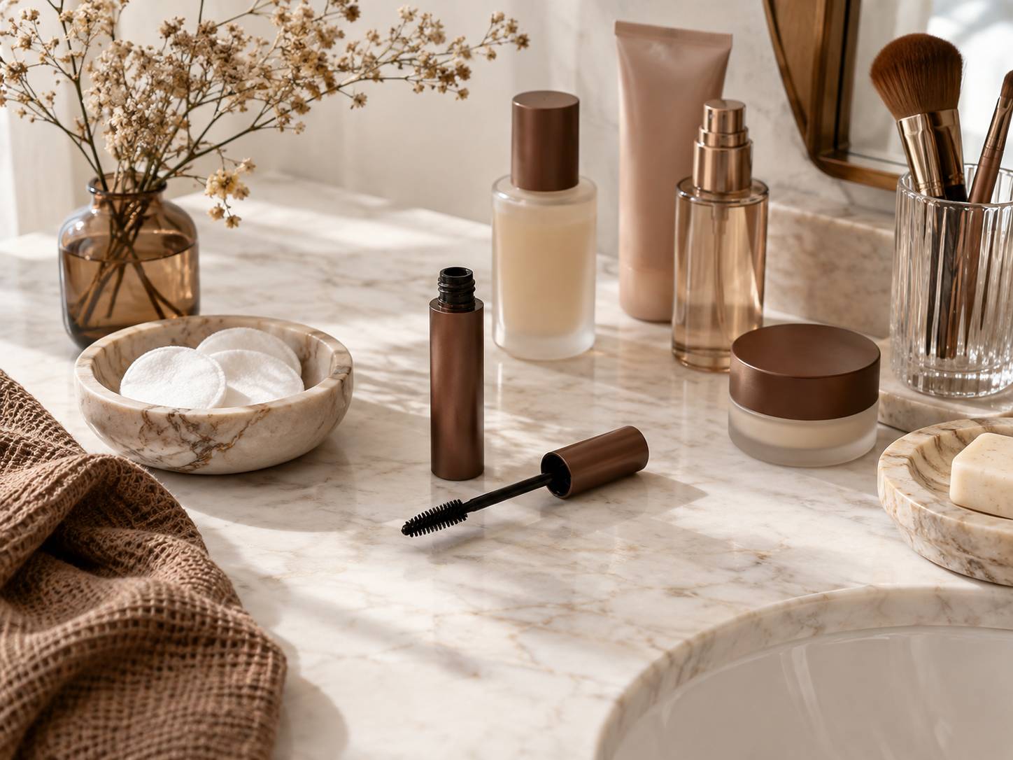 Tube de mascara ouvert, brosse et flacons neutres sur un plan cosmetique