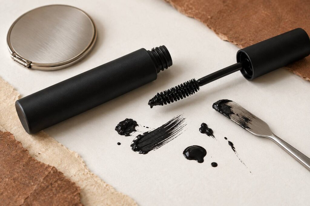 Tubo di mascara neutro senza marca accanto al suo applicatore