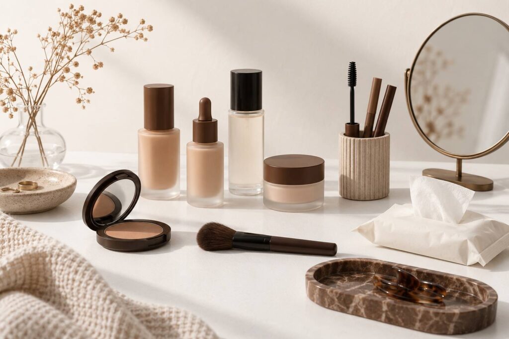 Table de toilette claire avec flacons et brosse de mascara