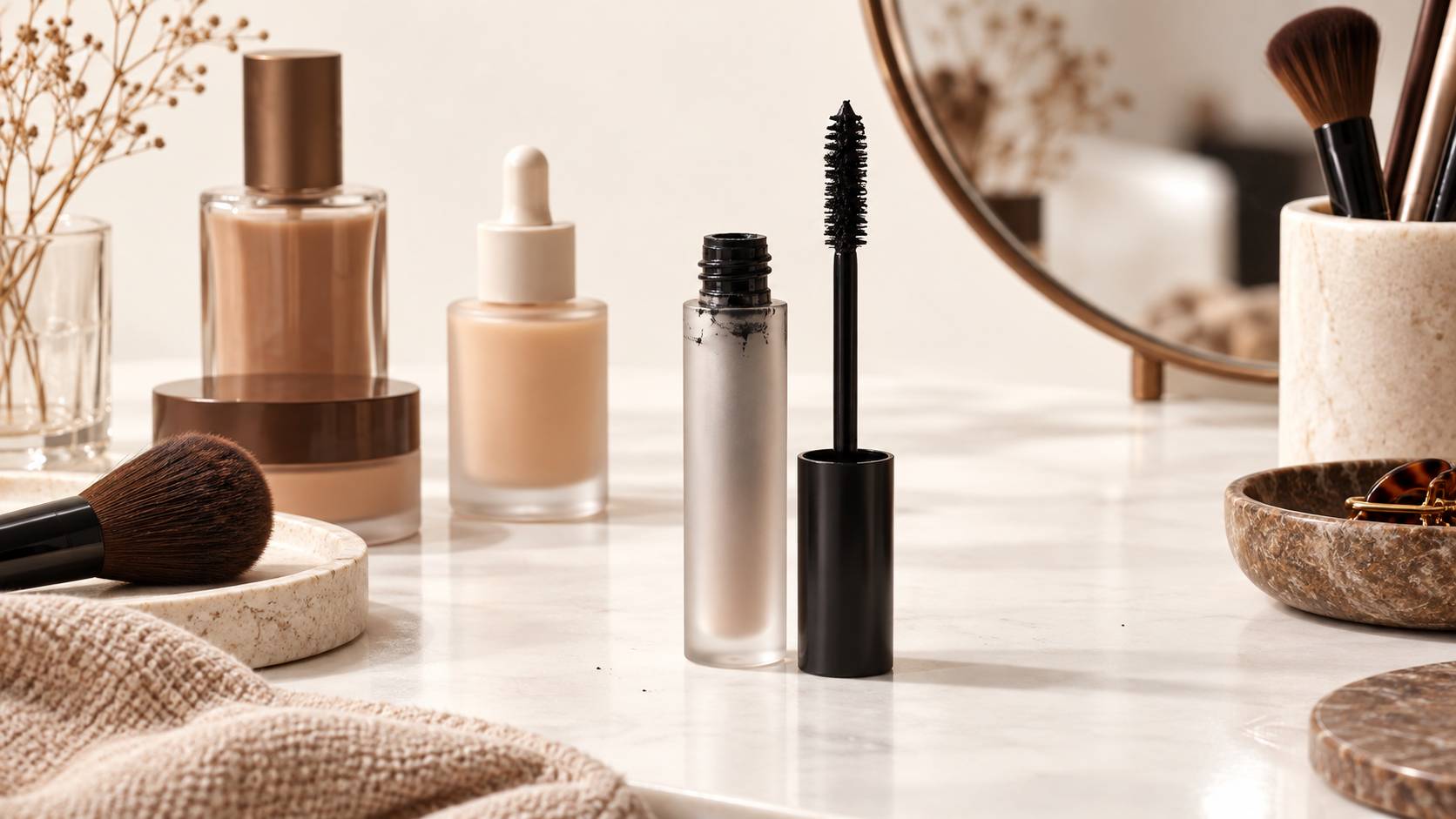 Gros plan d'une brosse de mascara chargee sortie de son flacon