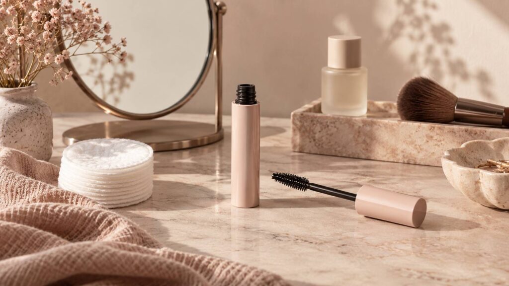 Tube de mascara générique et cotons sur une coiffeuse lumineuse