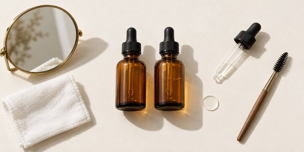 Deux flacons de serum cosmetique ambre avec compte-gouttes sur fond clair avec miroir rond