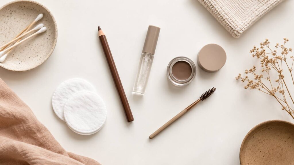 Produits de maquillage pour sourcils disposes en flat-lay sur fond clair