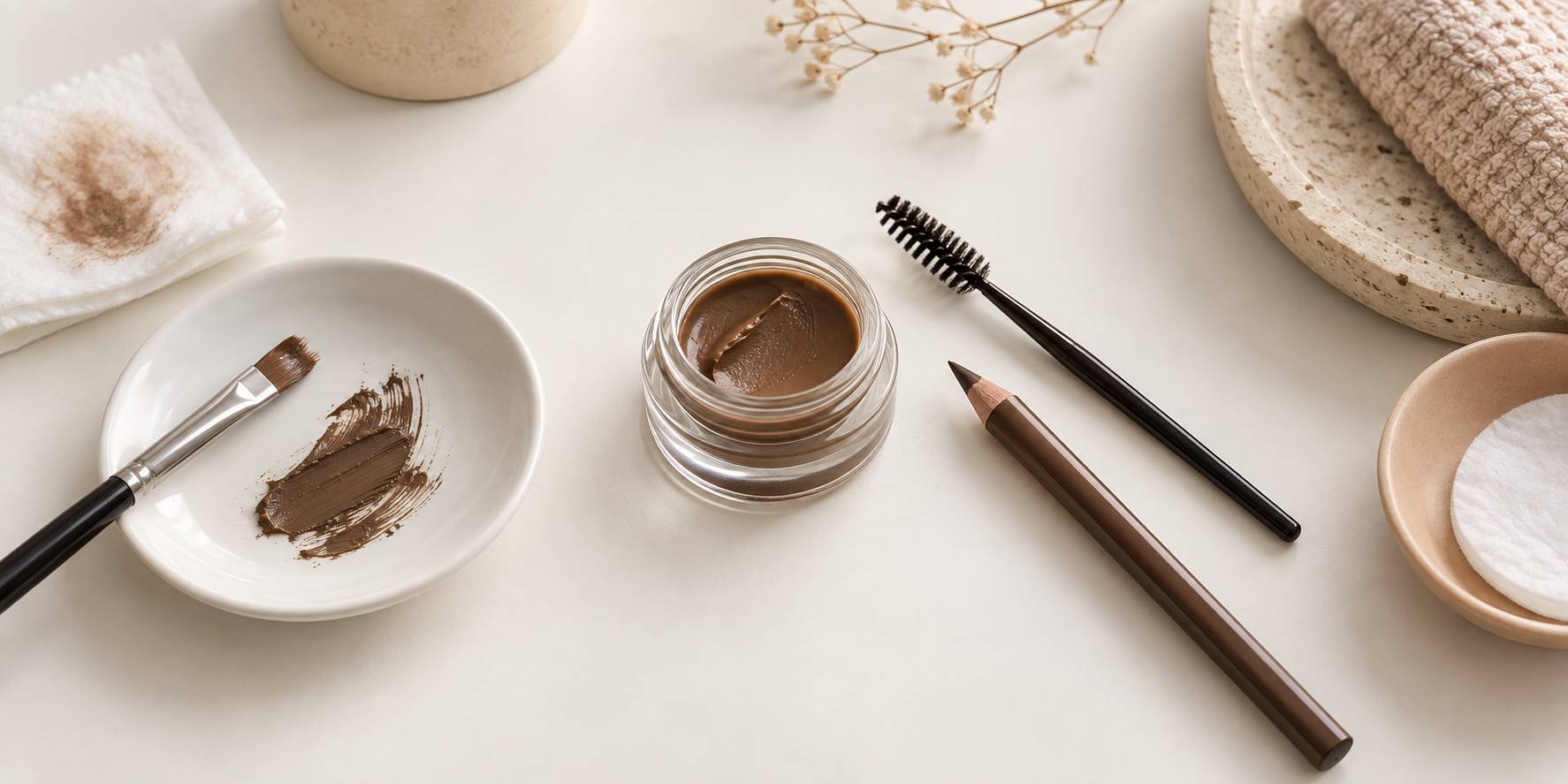 Crayon, gel et teinte pour sourcils poses sur une surface claire en cosmetique
