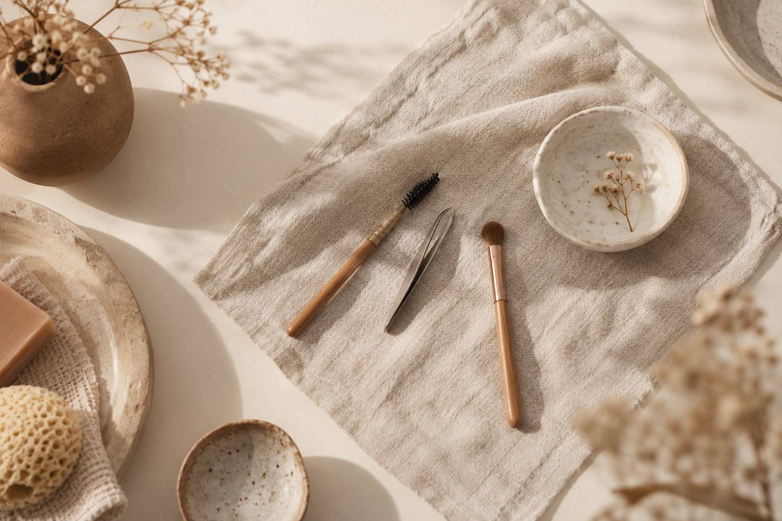 Brosse à sourcils, pince et pinceau de maquillage posés sur du lin