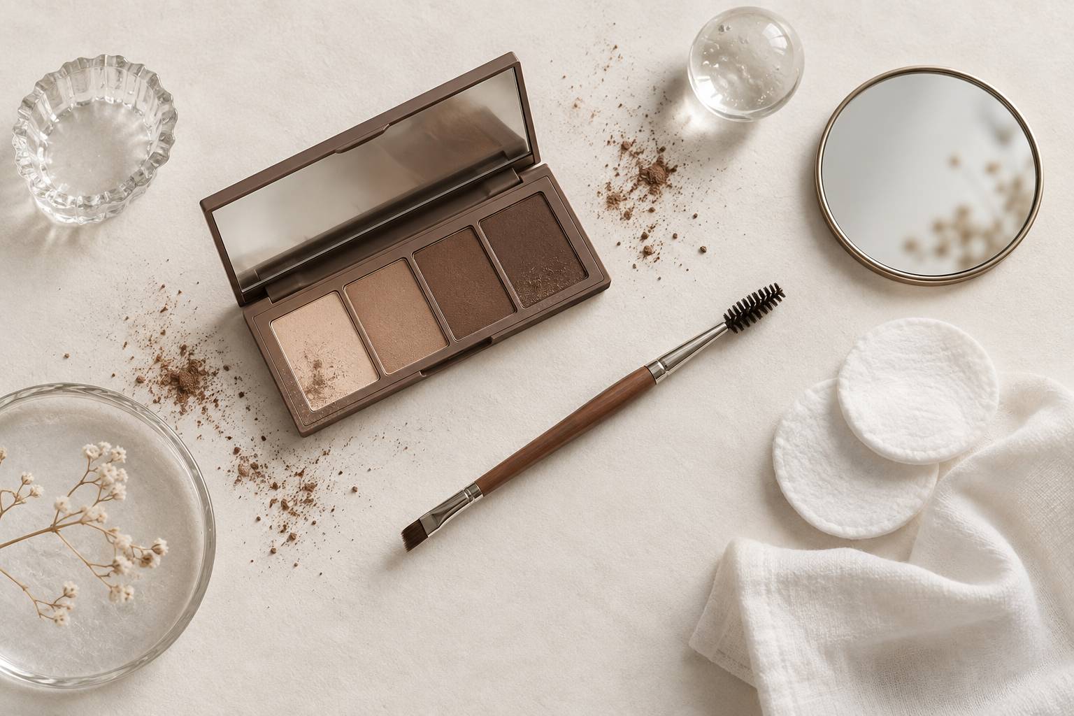 Flat-lay beaute avec pinceau a sourcils et palette de poudres