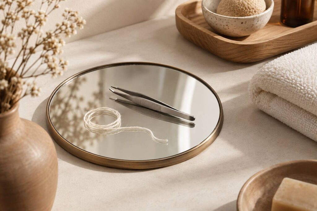 Pince a epiler et fil de coton poses sur un miroir clair
