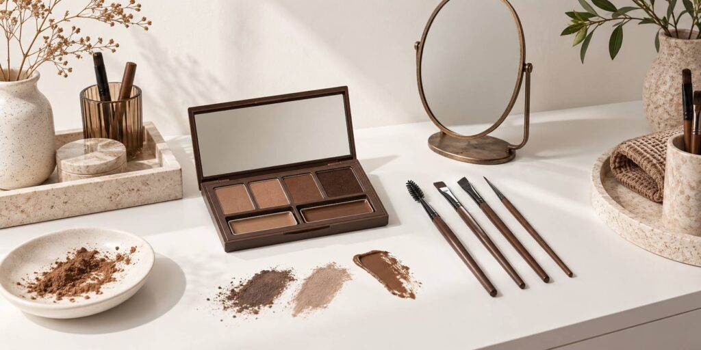 Palette et pinceaux de maquillage pour sourcils sur un plan de beauté