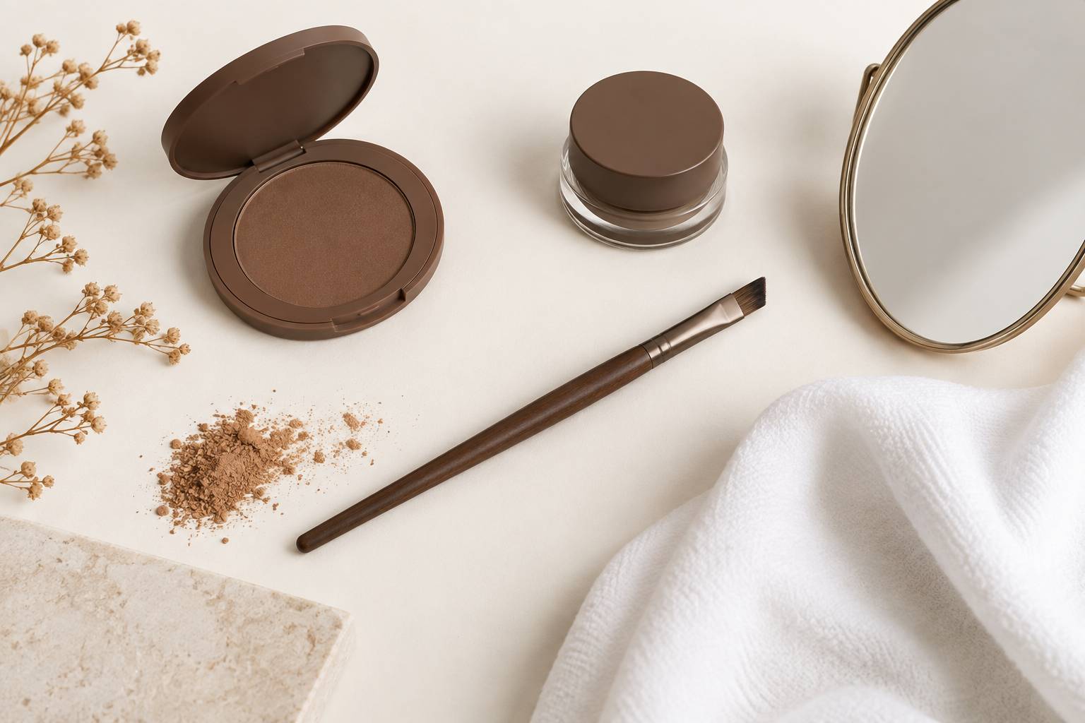 Poudre et pinceau biseauté pour sourcils avec miroir de table